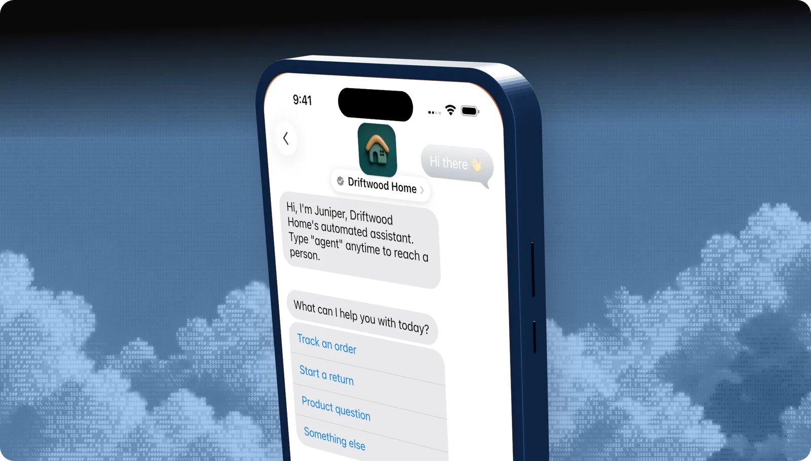 Driftwood Home Apple Messages for Business conversation on an iPhone: the assistant introduces itself as automated, offers the agent keyword, and shows a four-option triage Quick Reply with Something else