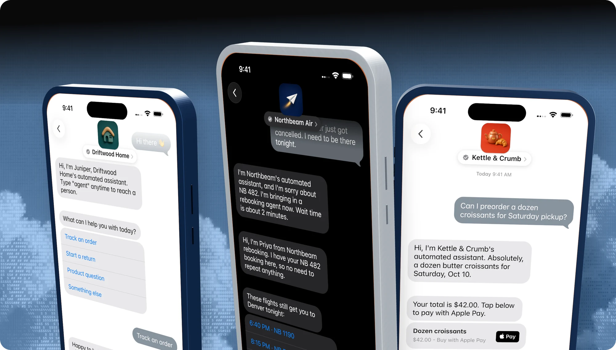 Three iPhones on a cloud background showing Apple Messages for Business conversations for Driftwood Home, Northbeam Air, and Kettle & Crumb with a verified brand header