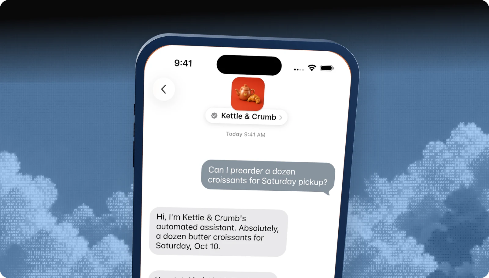 Kettle & Crumb Apple Messages for Business conversation on an iPhone: the assistant confirms a dozen croissants for Saturday pickup and sends a 42 dollar Apple Pay request