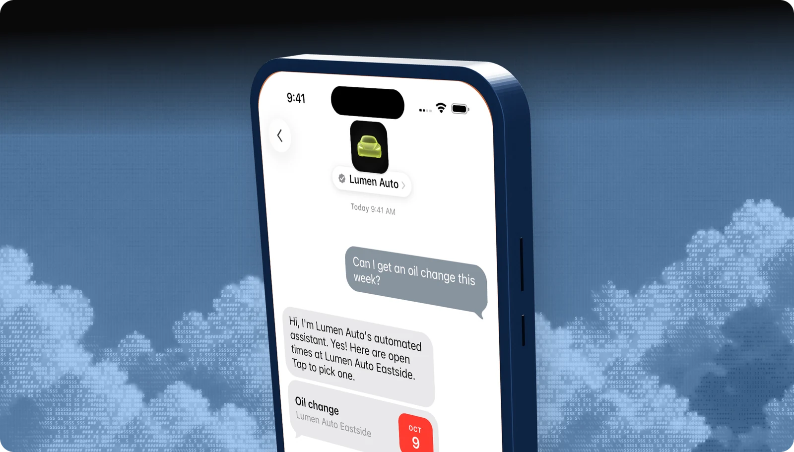 Lumen Auto Apple Messages for Business conversation on an iPhone: the automated assistant offers open oil-change times at Lumen Auto Eastside in a Time Picker and the customer books Friday at 11:30 AM