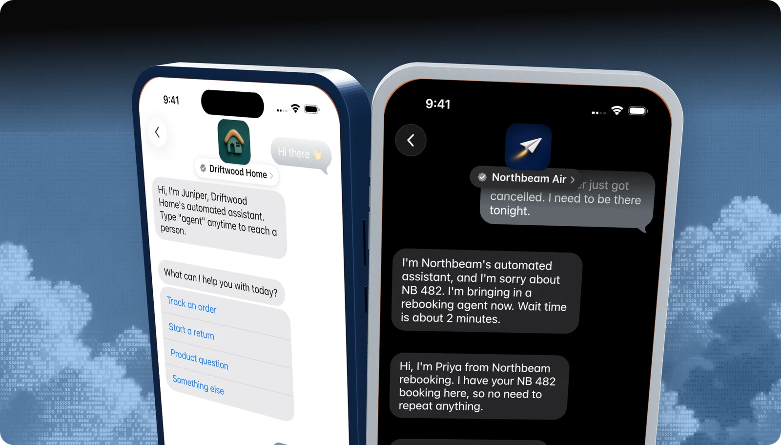 Two iPhones on a cloud background showing Apple Messages for Business conversations: Driftwood Home's automated assistant introducing itself with a triage menu, and Northbeam Air handing a cancelled-flight customer to a live rebooking agent